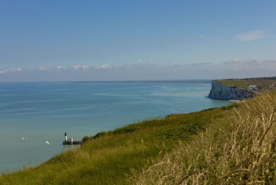 Phare du Tréport vu depuis un sentier en hauteur avec vue mer et falaises