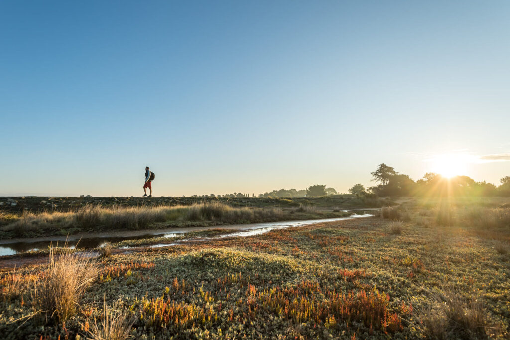 Marcheur solitaire au lever du soleil sur un sentier côtier breton dans la lumière dorée de septembre