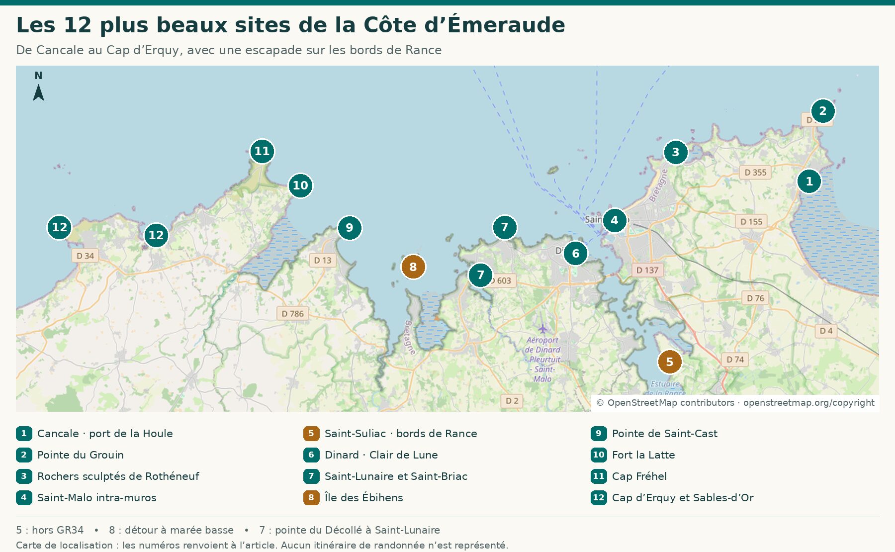 Carte de localisation des 12 sites de la Côte d’Émeraude, de Cancale au Cap d’Erquy, avec Saint-Suliac hors GR34 et les Ébihens accessibles à marée basse
